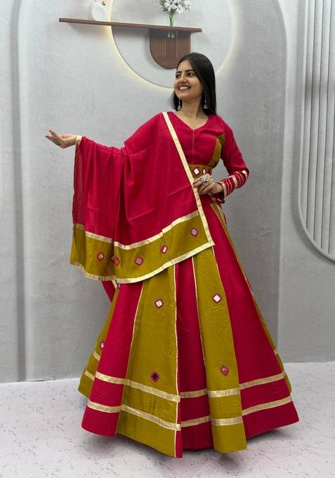 Rani Pink And Olive Green Mirror Work Silk Navratri Lehenga Set for Diwali and Festive Wear