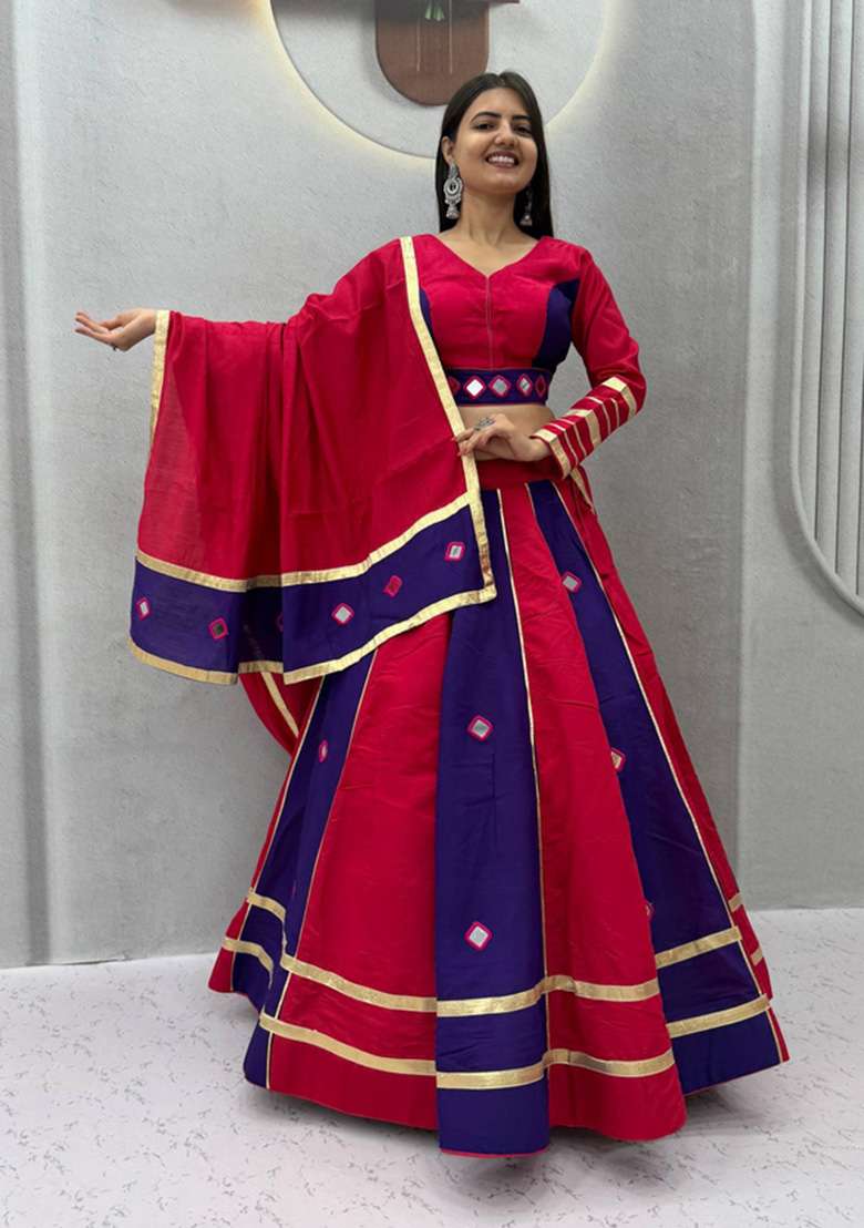 Rani Pink And Royal Blue Mirror Work Silk Navratri Lehenga Set for Diwali and Festive Wear - Indya