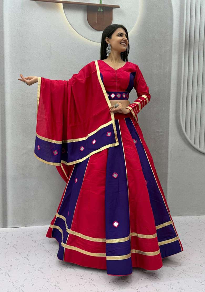 Rani Pink And Royal Blue Mirror Work Silk Navratri Lehenga Set for Diwali and Festive Wear - Indya