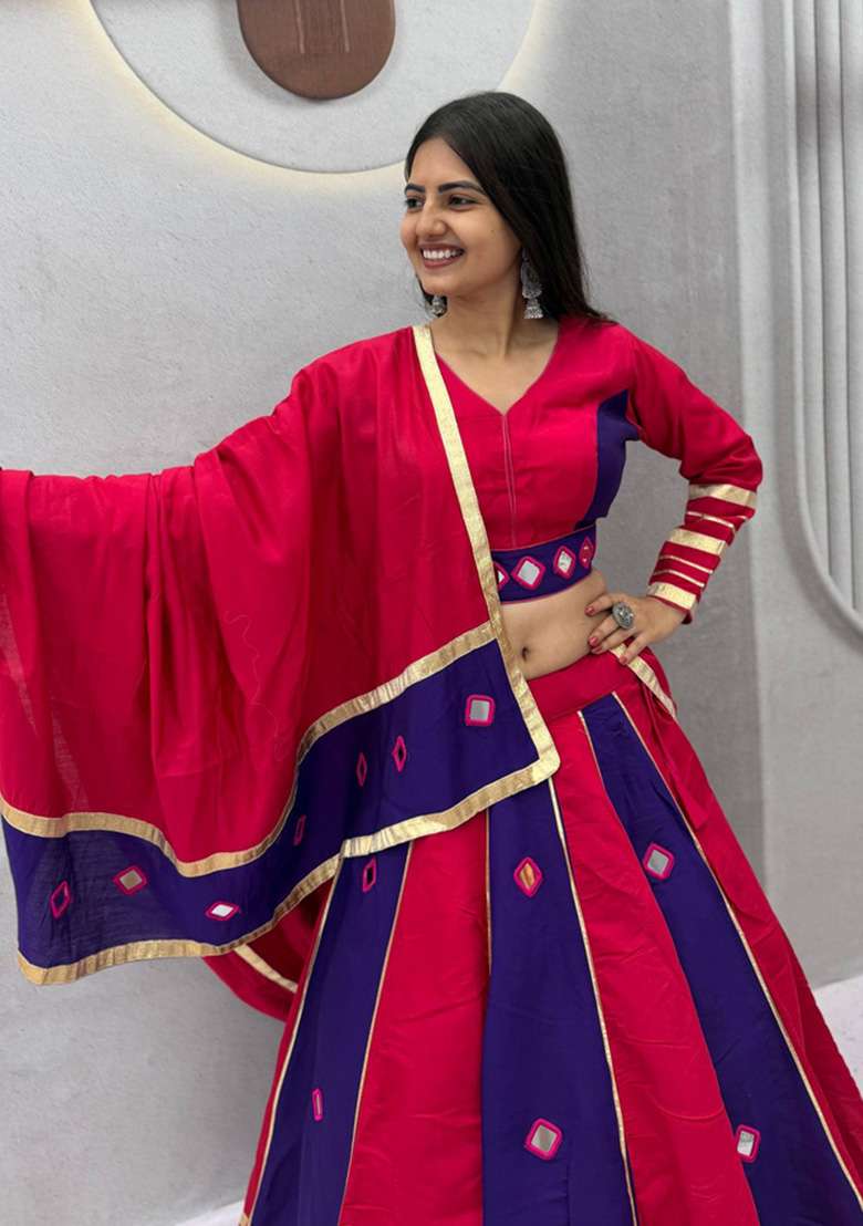 Rani Pink And Royal Blue Mirror Work Silk Navratri Lehenga Set for Diwali and Festive Wear - Indya