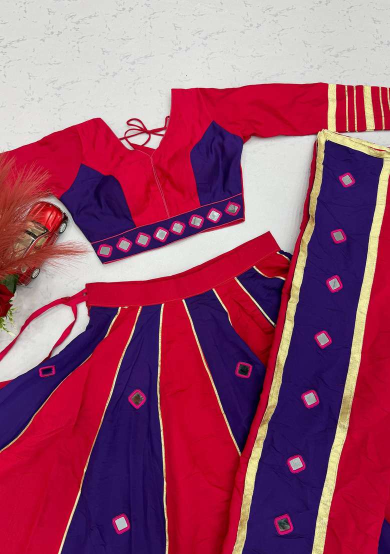 Rani Pink And Royal Blue Mirror Work Silk Navratri Lehenga Set for Diwali and Festive Wear - Indya