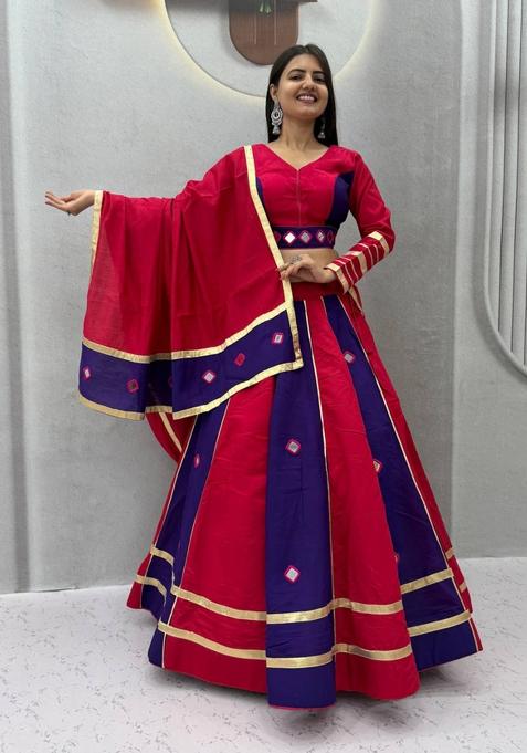 Rani Pink And Royal Blue Mirror Work Silk Navratri Lehenga Set for Diwali and Festive Wear