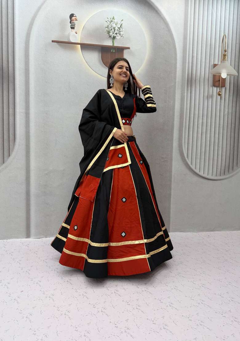 Black And Rust Maroon Mirror Work Silk Navratri Lehenga Set - Indya