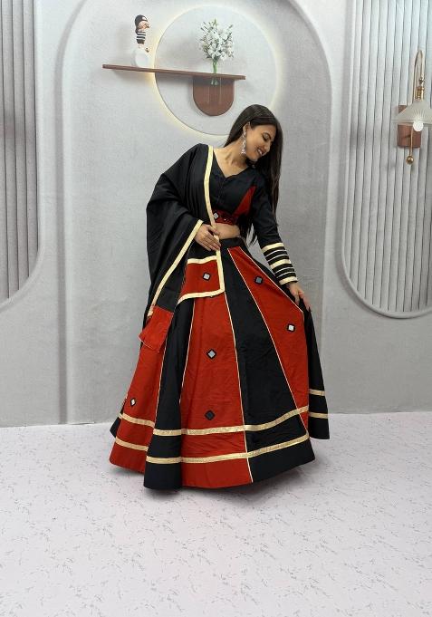 Black And Rust Maroon Silk Navratri Lehenga Set with Mirror Work for Diwali | Wedding & Festive Wear