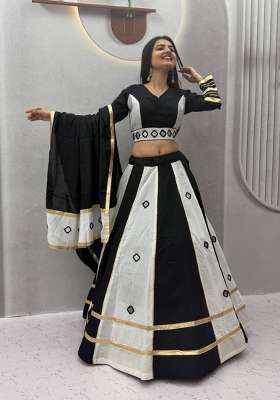 Black And Off White Silk Navratri Lehenga Set with Mirror Work for Diwali | Wedding & Festive Wear
