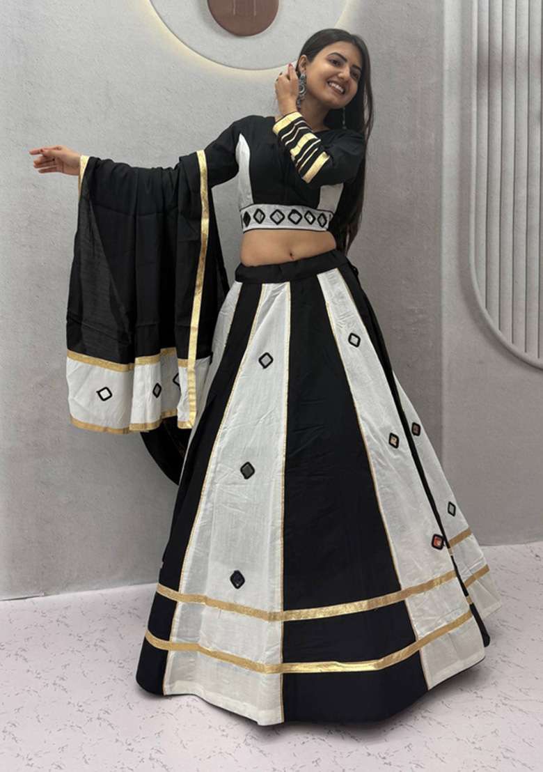 Black And Off White Mirror Work Silk Navratri Lehenga Set - Indya