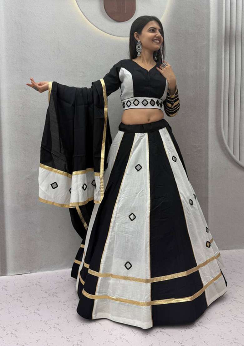 Black And Off White Silk Navratri Lehenga Set with Mirror Work for Diwali | Wedding & Festive Wear - Indya