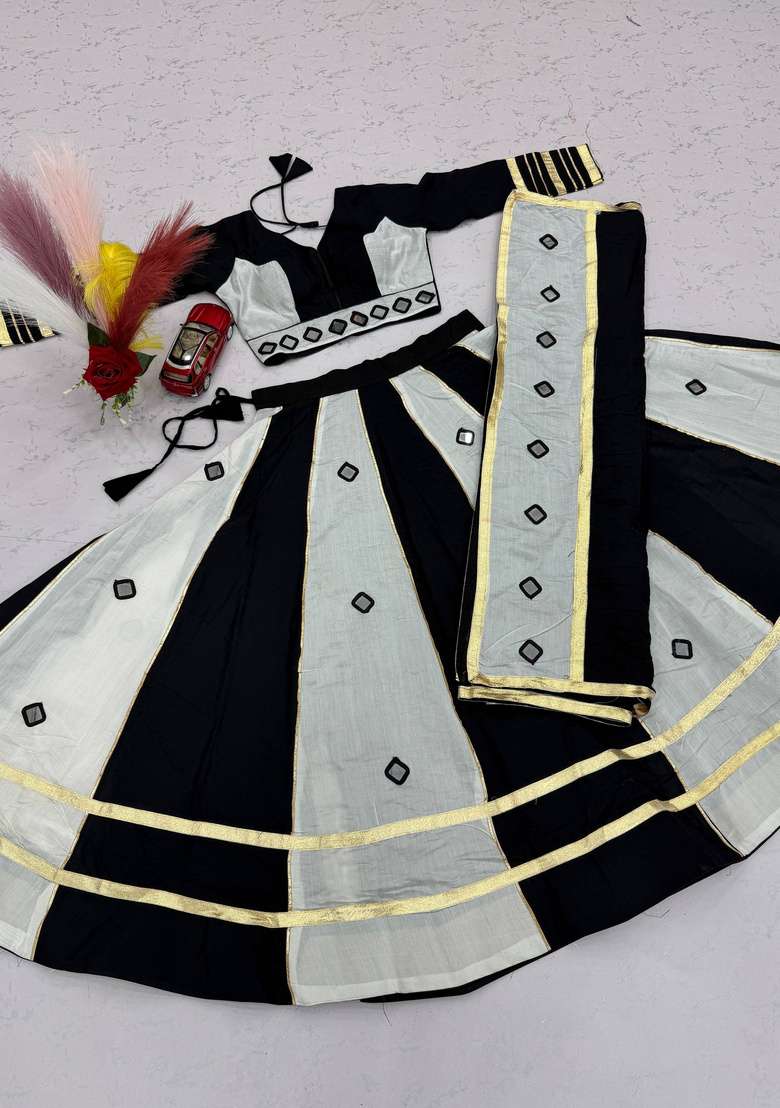 Black And Off White Mirror Work Silk Navratri Lehenga Set - Indya