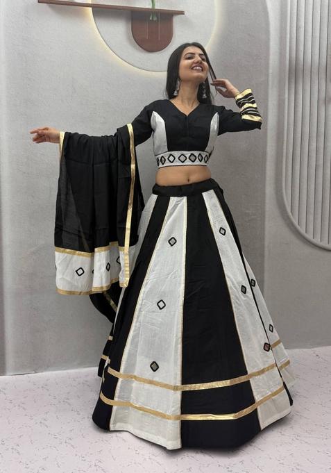 Black And Off White Silk Navratri Lehenga Set with Mirror Work for Diwali | Wedding & Festive Wear