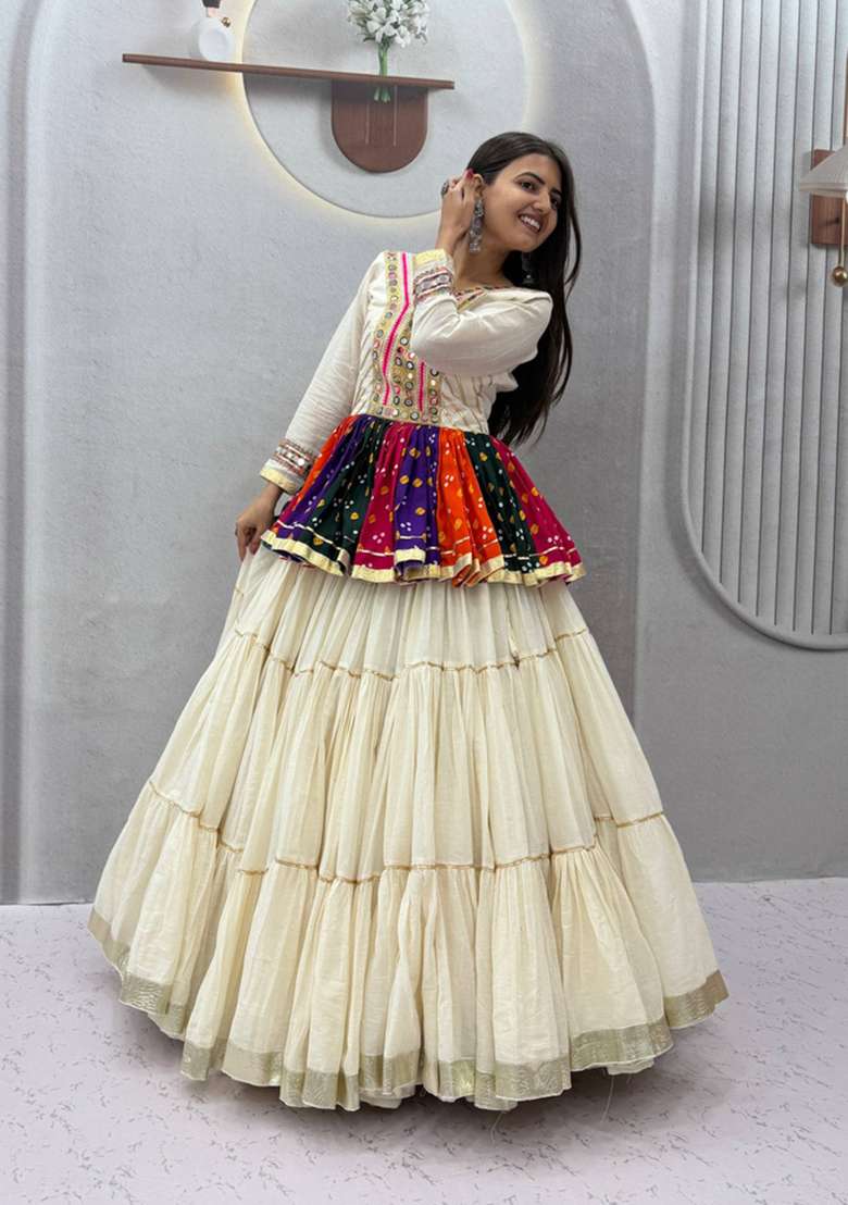 Multicolor Mirror Work Cotton Navratri Lehenga Set - Indya