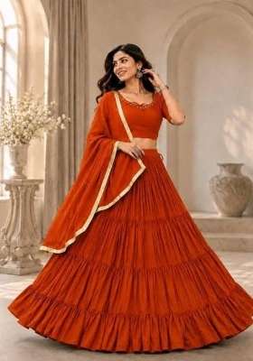 Rust Orange Mirror Work Cotton Navratri Lehenga Set for Diwali and Festive Wear