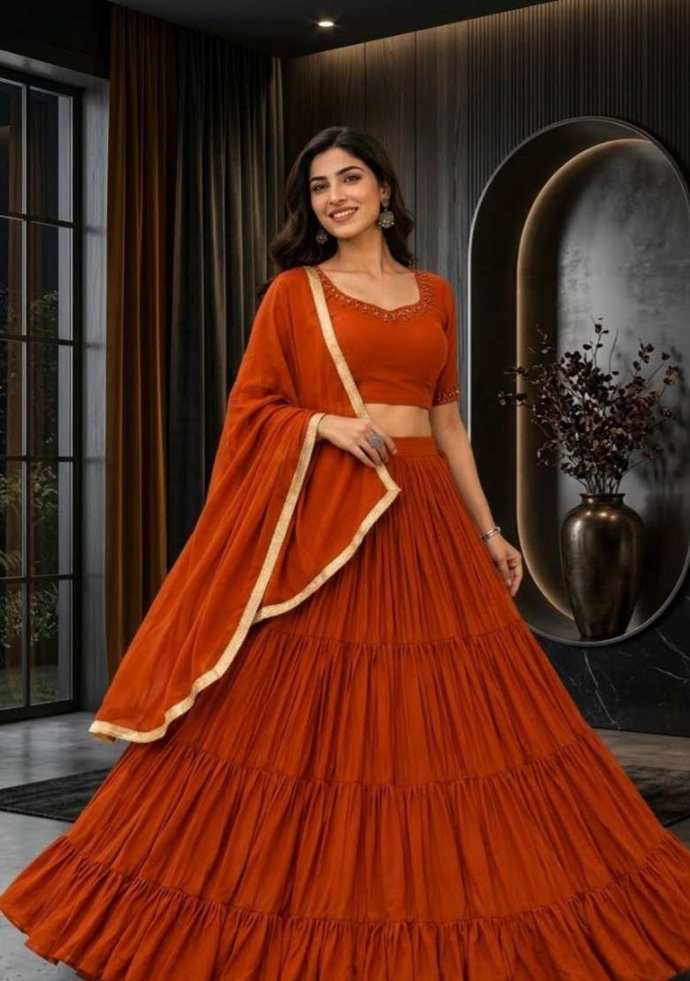Rust Orange Mirror Work Cotton Navratri Lehenga Set - Indya