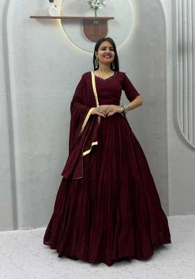 Wine Maroon Navratri Cotton Lehenga Set with Mirror Work for Diwali | Wedding & Festive Wear