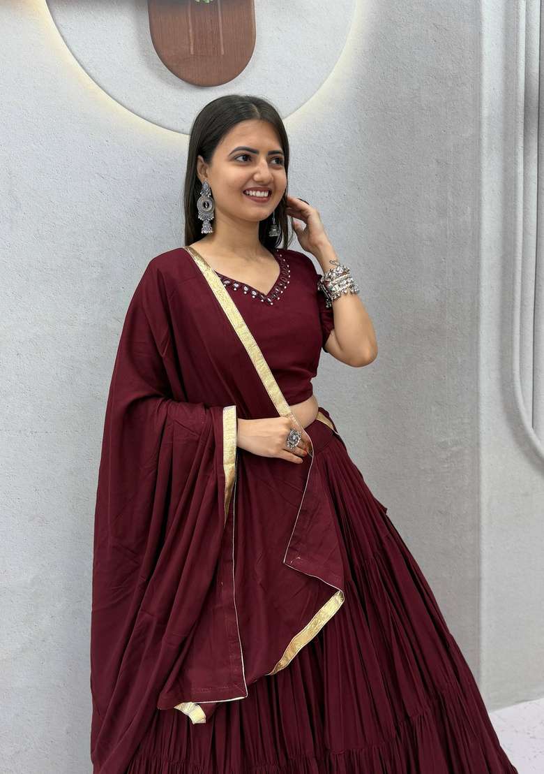 Wine Maroon Mirror Work Cotton Navratri Lehenga Set - Indya