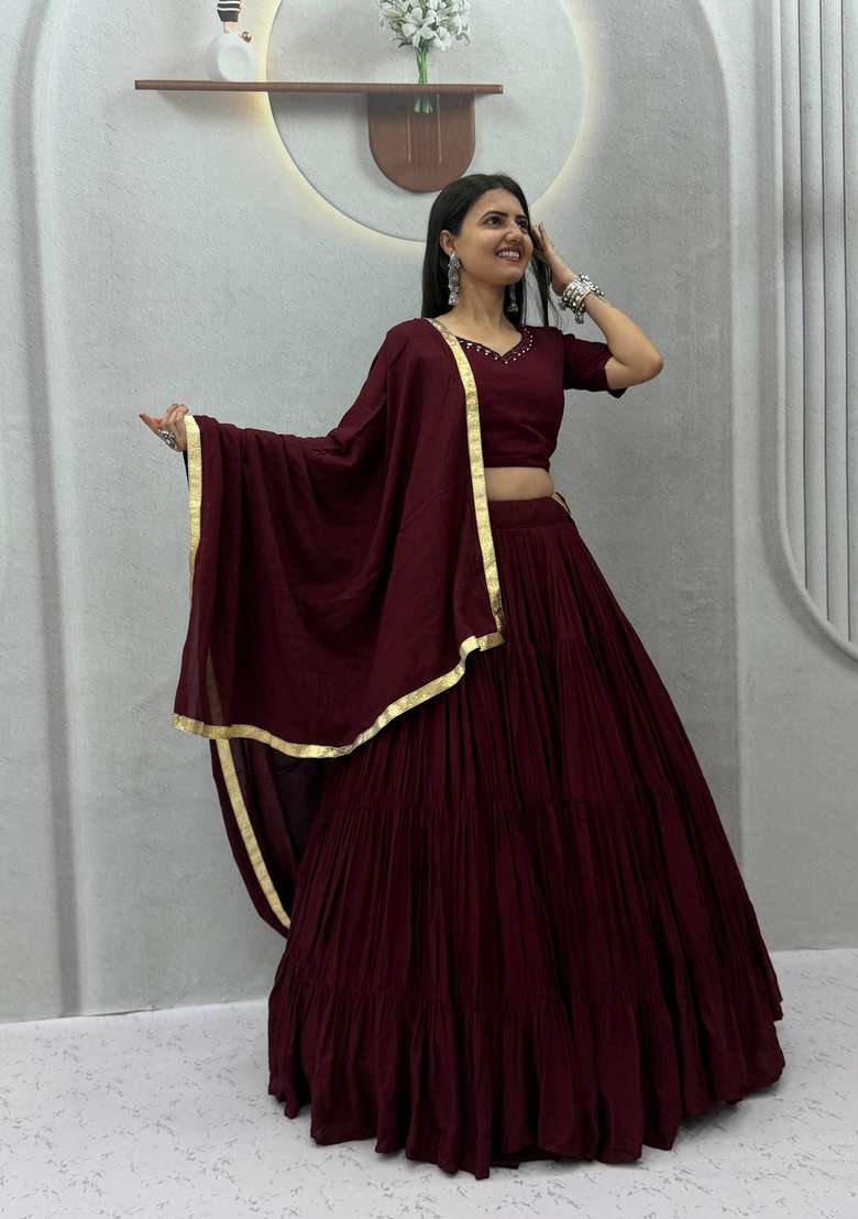 Wine Maroon Mirror Work Cotton Navratri Lehenga Set - Indya