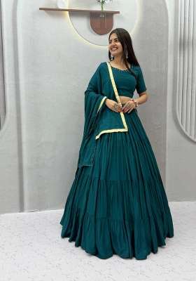 Teal Green Navratri Cotton Lehenga Set with Mirror Work for Diwali | Wedding & Festive Wear