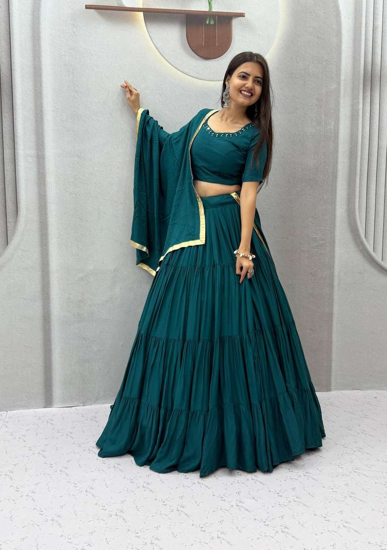 Teal Green Mirror Work Cotton Navratri Lehenga Set - Indya