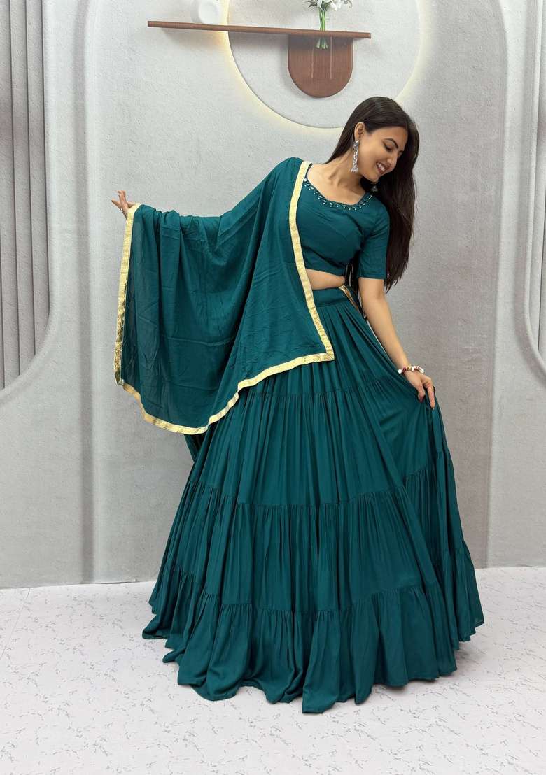 Teal Green Mirror Work Cotton Navratri Lehenga Set - Indya