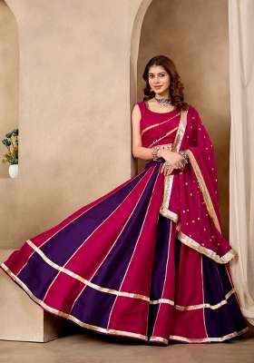 Rani Pink And Deep Purple Mirror Work Cotton Navratri Lehenga Set for Diwali and Festive Wear