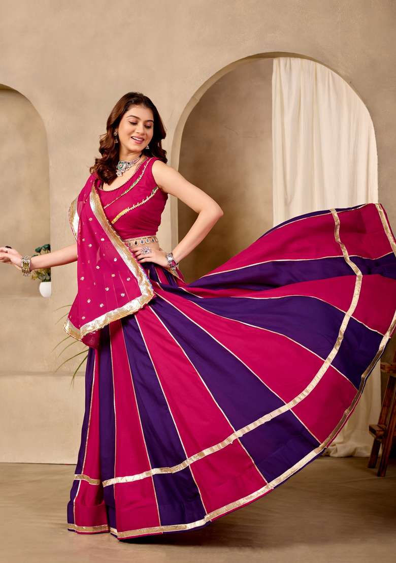 Rani Pink And Deep Purple Mirror Work Cotton Navratri Lehenga Set - Indya