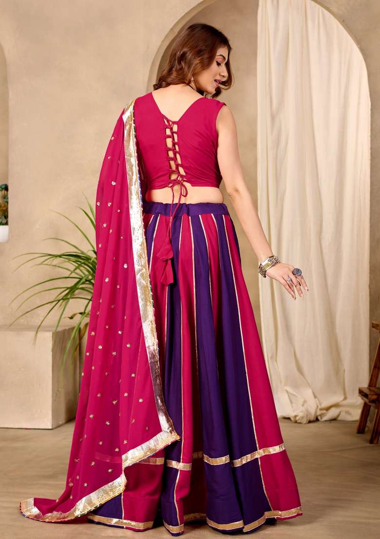 Rani Pink And Deep Purple Mirror Work Cotton Navratri Lehenga Set - Indya