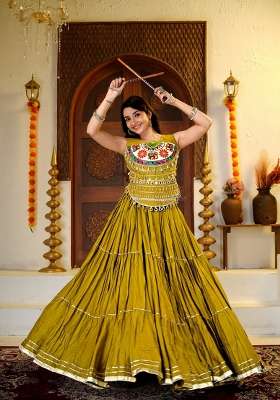 Olive Green Navratri Cotton Lehenga Set with Mirror Work for Diwali | Wedding & Festive Wear