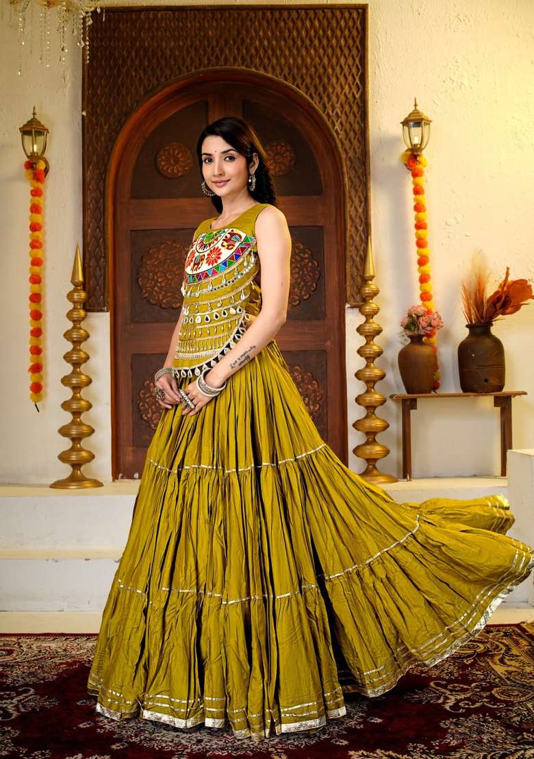 Olive Green Mirror Work Cotton Navratri Lehenga Set - Indya