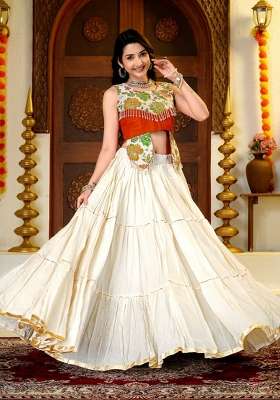 Off White And Rust Orange Embroidered Cotton Navratri Lehenga Set for Diwali and Festive Wear