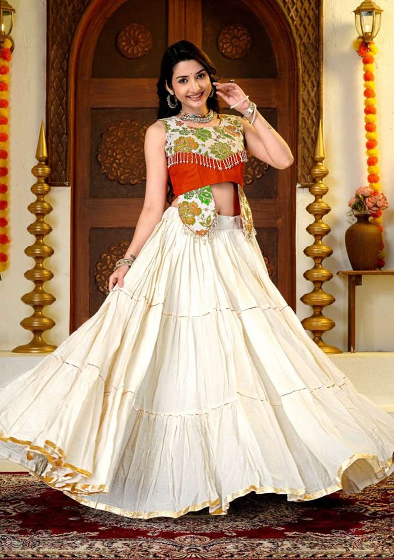 Off White And Rust Orange Embroidered Cotton Navratri Lehenga Set for Diwali and Festive Wear - Indya