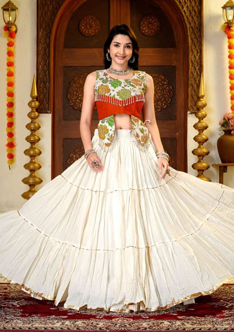 Off White And Rust Orange Embroidered Cotton Navratri Lehenga Set for Diwali and Festive Wear - Indya