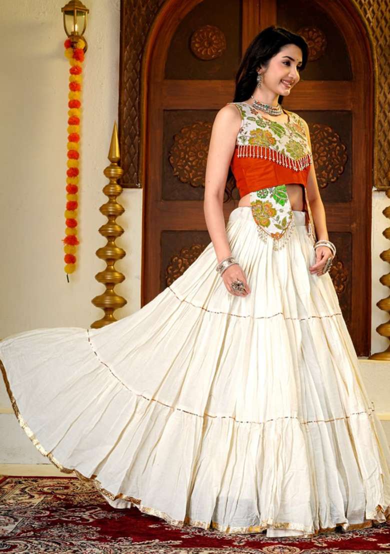 Off White And Rust Orange Embroidered Cotton Navratri Lehenga Set for Diwali and Festive Wear - Indya