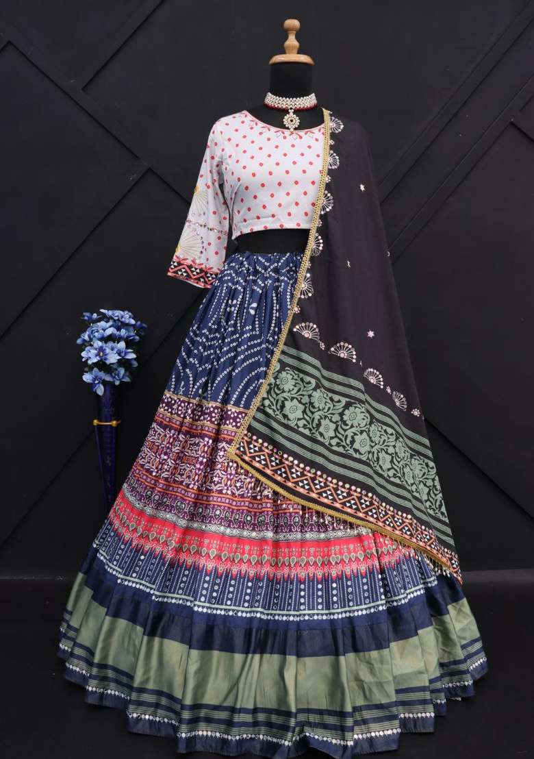 Multicolor Silk Navratri Lehenga Set with Printed for Diwali | Wedding & Festive Wear - Indya