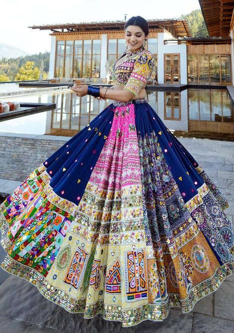 Multicolor Silk Navratri Lehenga Set with Printed for Diwali | Wedding & Festive Wear - Indya