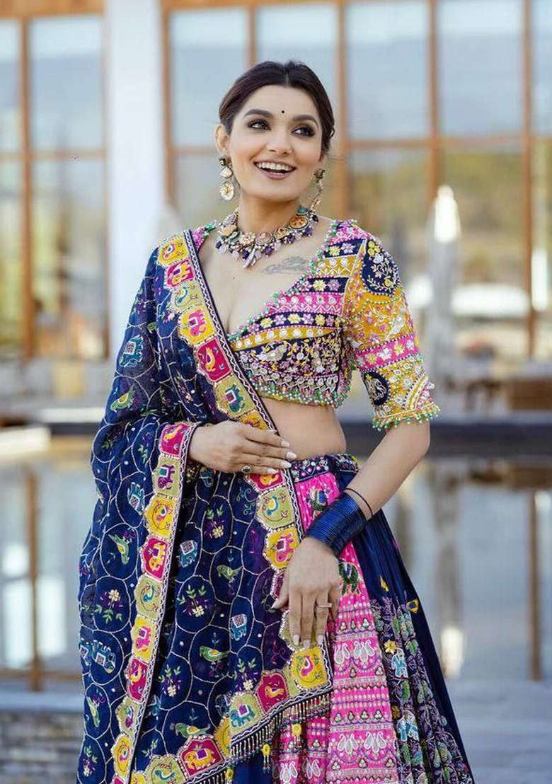 Multicolor Silk Navratri Lehenga Set with Printed for Diwali | Wedding & Festive Wear - Indya