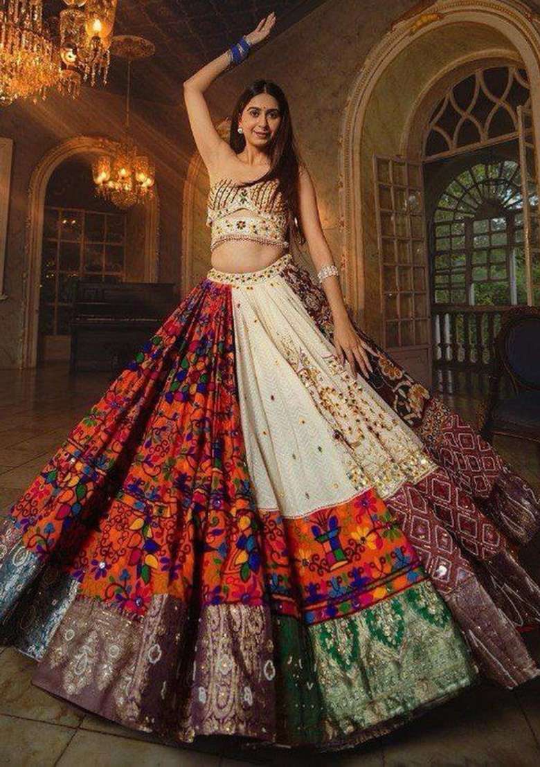 Multicolor Printed Silk Navratri Lehenga Set for Diwali and Festive Wear - Indya
