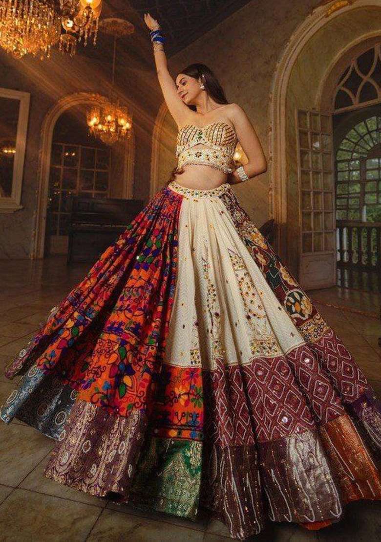 Multicolor Printed Silk Navratri Lehenga Set for Diwali and Festive Wear - Indya