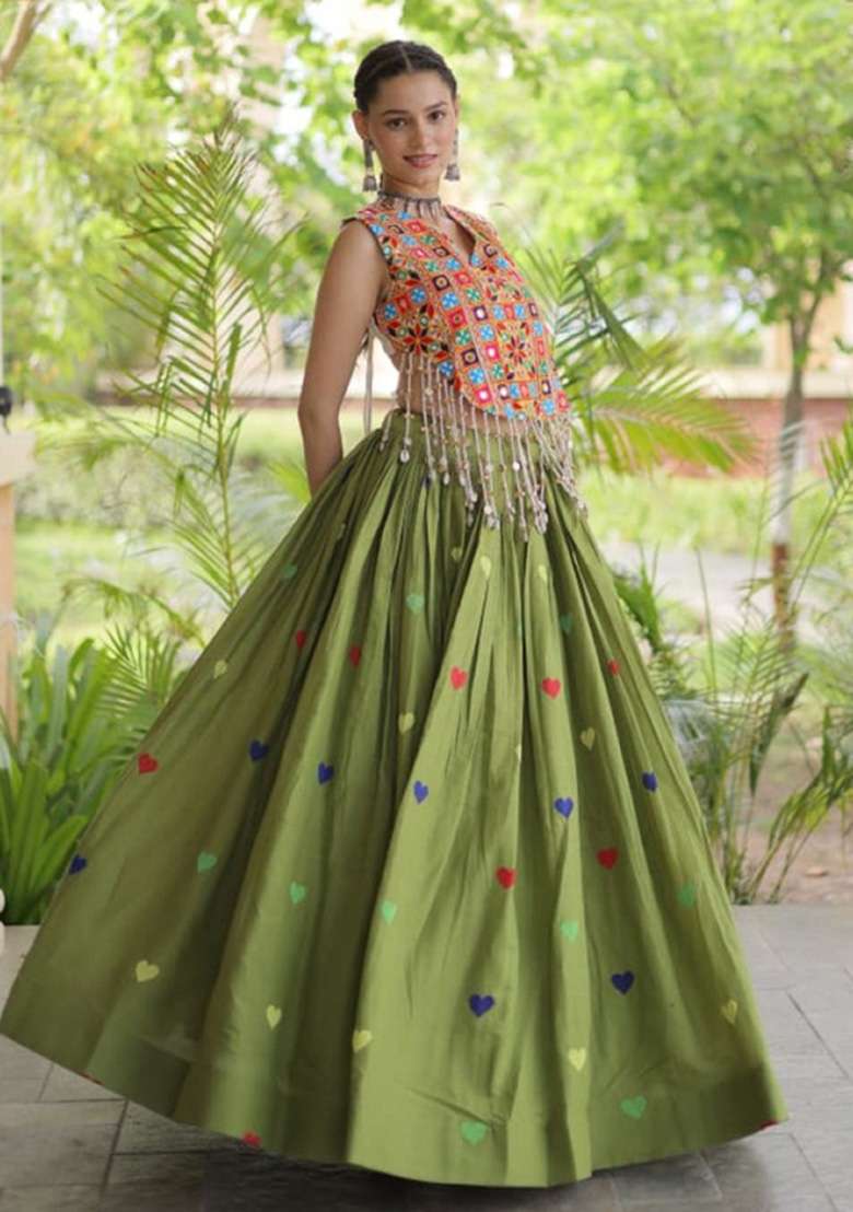 Green Embroidered Cotton Lehenga Set - Indya