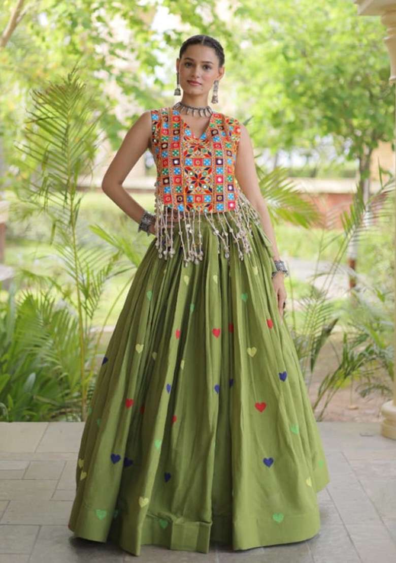 Green Embroidered Cotton Lehenga Set - Indya