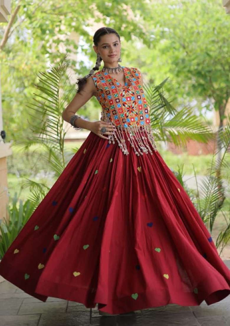 Maroon Embroidered Cotton Lehenga Set - Indya