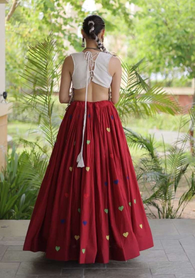 Maroon Embroidered Cotton Lehenga Set - Indya