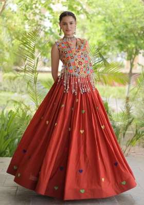 Orange Cotton Lehenga Set with Embroidered for Diwali | Wedding & Festive Wear