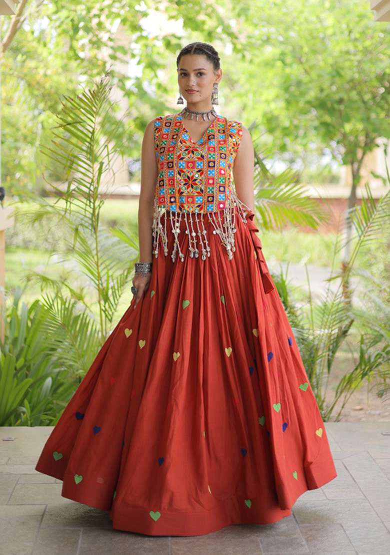 Orange Embroidered Cotton Lehenga Set - Indya