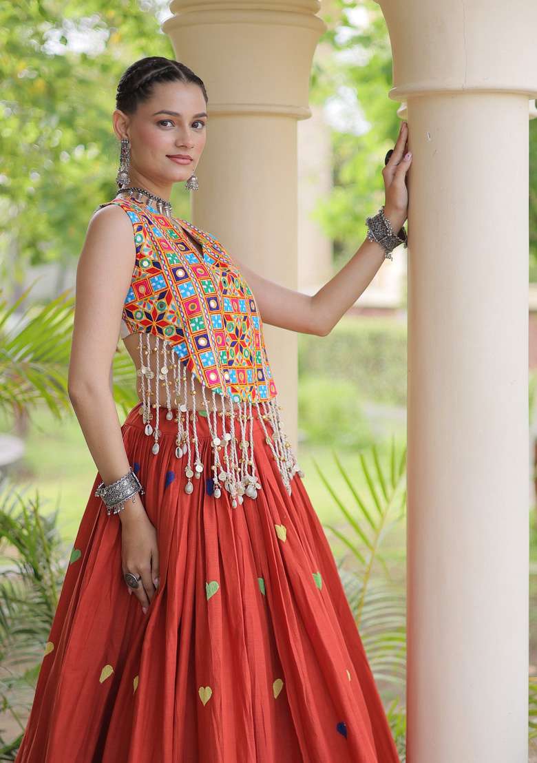 Orange Embroidered Cotton Lehenga Set - Indya
