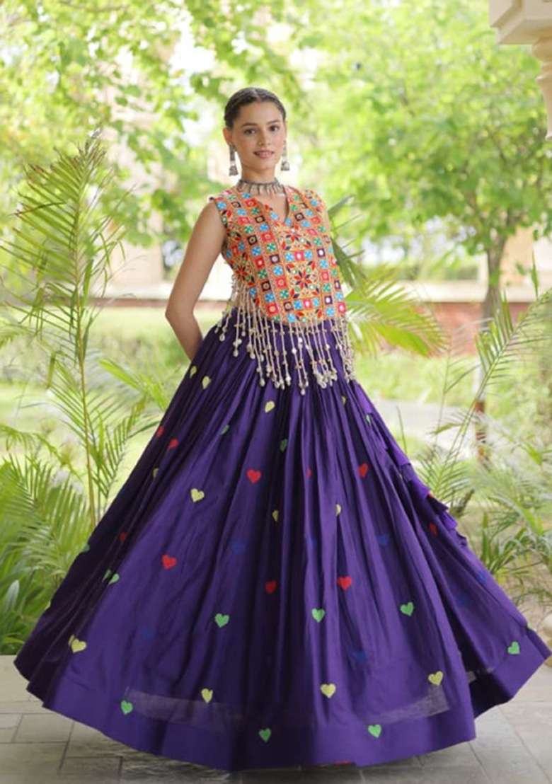 Purple Embroidered Cotton Lehenga Set - Indya