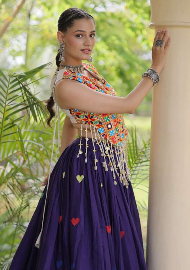 Purple Embroidered Cotton Lehenga Set - Indya