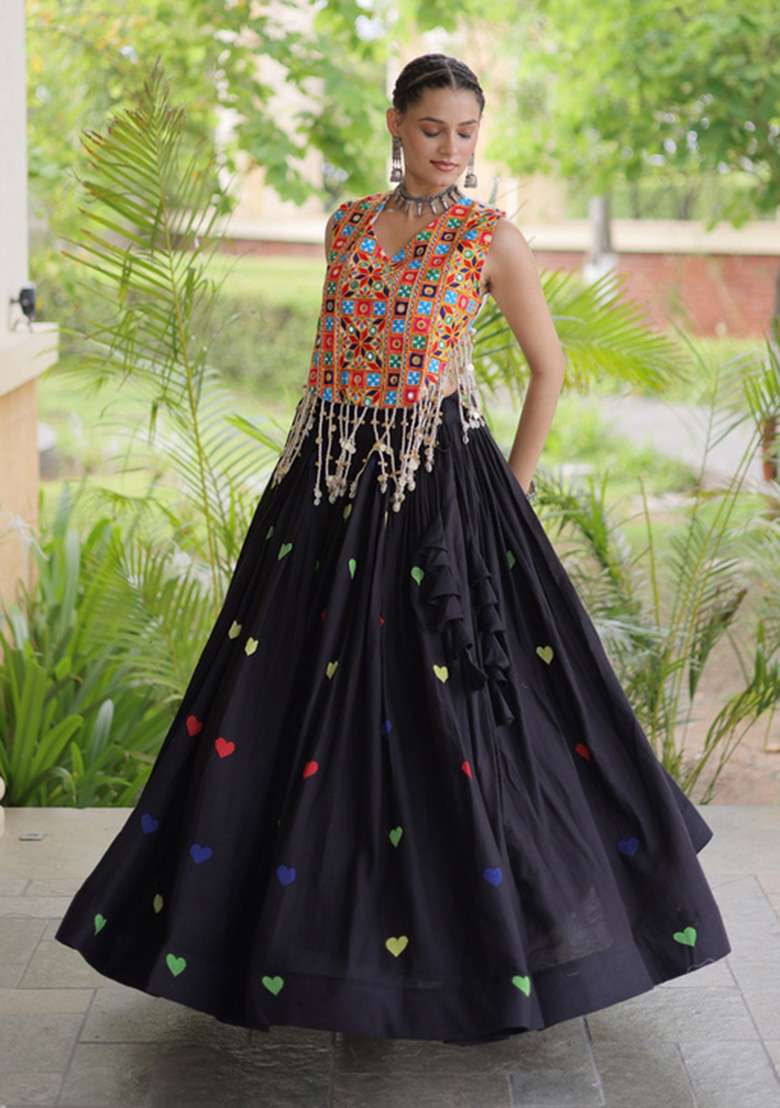 Black Embroidered Cotton Lehenga Set - Indya