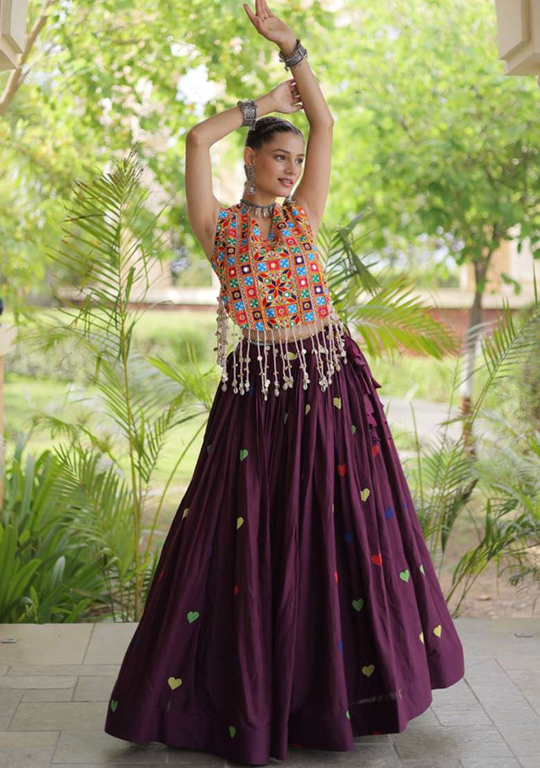 Wine Embroidered Cotton Lehenga Set - Indya