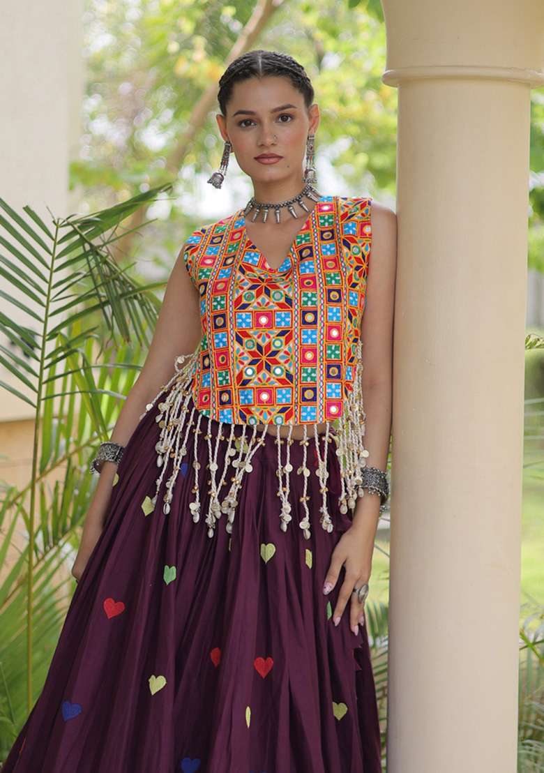 Wine Embroidered Cotton Lehenga Set - Indya