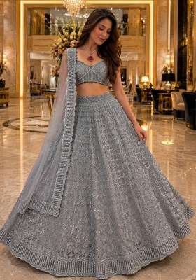 Grey Work Net Lehenga Set with Sequin for Diwali | Wedding & Festive Wear