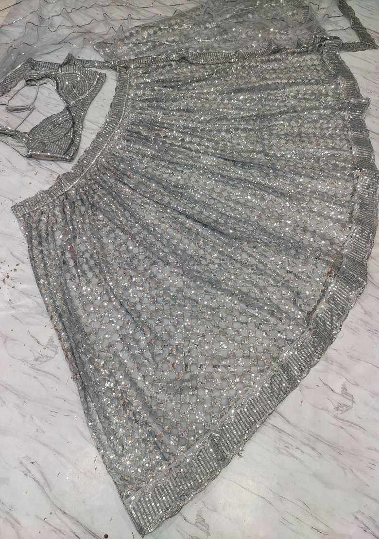 Grey Sequin Work Net Lehenga Set - Indya